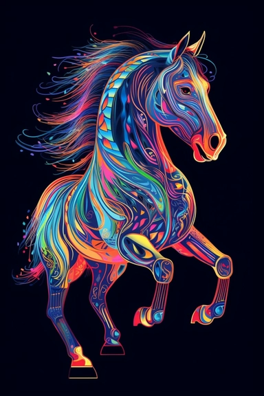 horse, neon colors, ultra detailed, clipart design graphic, vector, contour, 32k, black background,
