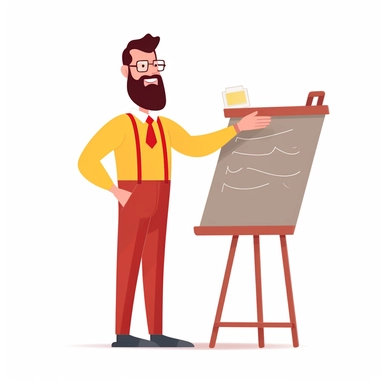 vector design, image the teacher is standing, behind the back is a blackboard, a table, a close shot, flat modern illustration, clipart, white background, soft gradient transition, in the style of warm color palette, natural pastel colors, in bed red and yellow, object portraiture specialist, uniformly staged images, animated illustrations
