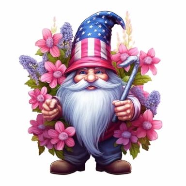 Patriotic gnome and beautiful magic flowers 4th of july, in the style of uhd image, flickr, colorful fantasy realism, solapunk, marvel comics, pink flowers, clipart, american accents, on White Background