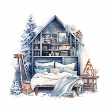 watercolor clipart of a cute vintage bedroom, sparkles, cosy winter wonderland vibes, isolated on white background