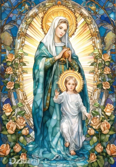 A sharp photograph of an expensive portrait, pay particular attention to the shape of your hands, less watercolor stained glass Madonna and child with matching crowns full body clipart, the Madonna is wearing a medium aquamarine blue mantle with bright white stars on it and the child is wearing a bright white robe, behind them is shimmering bright light, around many blue roses, highly detailed, white background, in the style of Catholic religious art, artist Andrea Lezcano, Vincent Van Gogh, in 