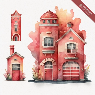 watercolor clipart of a cute red fire station , different lateral standing poses, cute cartoon building, pastel