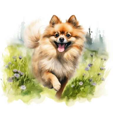 watercolor summer pomeranian dog running in the meadow clipart on a white background