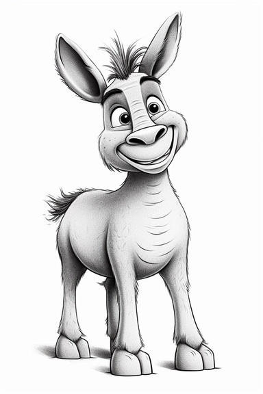 pixar Donkey clipart, simple line art, monocromatic, isolated on white background, color image, full body, stroke line art, for toddler coloring, 8k