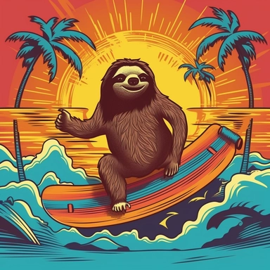 A sunglasses-clad sloth with a Cuban cigar surfing on a Hawaiian wave, eye-catching clipart, sunset colors and silhouettes of surfers in the background, highlighting the sloth's relaxed nature, Clipart, vector illustration using Affinity Designer