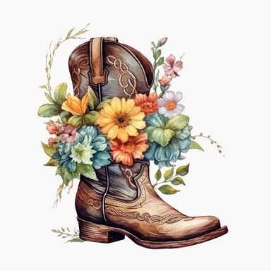 Western Floral Boot Watercolor Clipart, hand draw Illustration clipart, 4K, extremely detailed