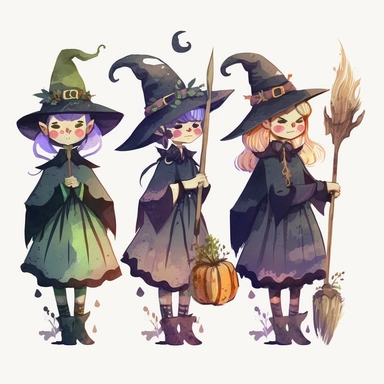 halloween witches with broomsticks. some cartoonish design and some watercolor. and some of both. white background. no tags. CLIPART!!