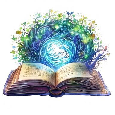 Solid white background, Detailed watercolor open ancient magic book that is encased in enchanted vines that form an alter for the open book to sit, greenblue northern lights glow from the book's pages, clipart. The visable pages of the book have sketched magic circles on them visibly