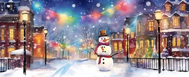 Watercolor drawing, christmas lights, large snowman, the city at night, the lights on, bright colors, ultradetailed hd, style by Lucy Fleming, watercolor, smooth gradients, black contour outline, ultra detailed, clipart elements, delicate pastel colors, solid white background, super clear, high quality