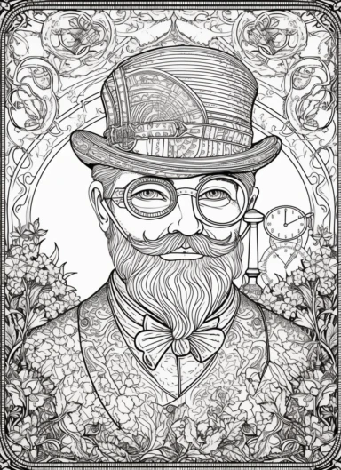 smiling and distinguished senior man portrait beard and mustache no glasses, dressed in steampunk elements, line art for coloring book, black and white, line art, coloring page, printable, thin lines, no details, no shadows, sharp lines, illustration, vector, clipart, landscape background