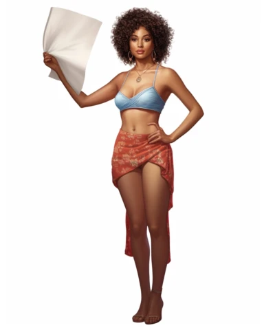 Full body shot, advertising, Clipart beautiful Afro Cuban American woman holds up a blank sheet of paper in her hands, in the style of afro-caribbean influence, hyperrealistic illustrations, intense gaze, detailed character design, porcelain, high resolution, thick texture