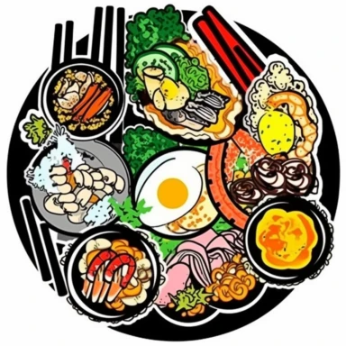 a set of black line clipart inspired by ramen and stickers and Lego and Funko Pop toys