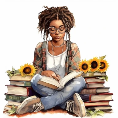 imagine black, African American young woman surrounded by books and sunflowers whilst reading intently, clipart, hyper realistic, watercolor style, white background