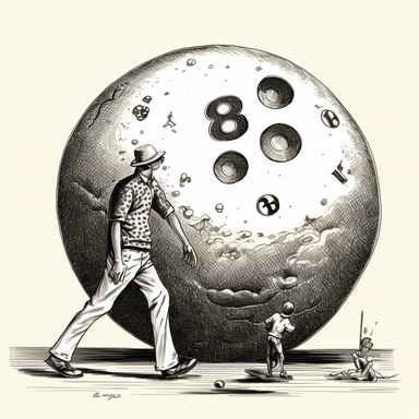 PT 1920’s spot illustration of a giant 8-ball crushing a tiny man, just his shoes showing under the 8-ball, Dover publications clip art, black and white, white background <#1101269105048305814>