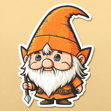 cute chibi happy gnome with big white beard, wearing big orange spike hat, clipart, in sticker style, in comics style, cell shading