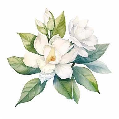 watercolor gardenia flowers clipart for wedding invitation card, hd, detailed, pastel color, clean line, on white background, spaced out