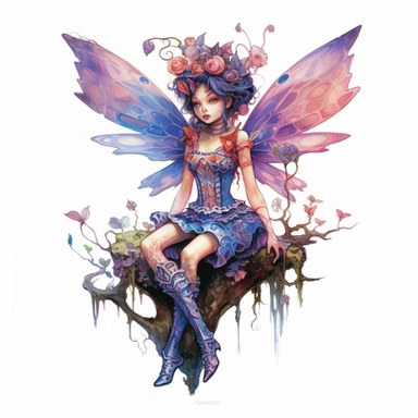 In a hidden corner of a clockwork forest, a whimsical pixie in vibrant blue, pink, and purple hues delicately balances on a branch, her wings gleaming with metallic accents. White background, intricate details, retro-futurism, watercolor clipart, hyper-realistic.
