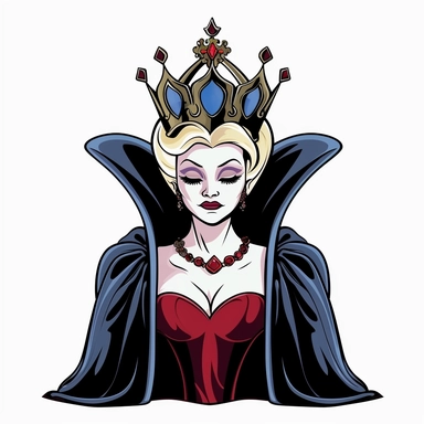 2d partially lined clipart illustration of an evil but beautiful queen, in the style of 1959's sleeping beauty movie, white background