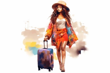 colorful beautiful black womam with long hair, pulling luggage through airport, watercolor clipart