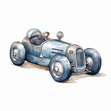 vintage blue race car for kids, gray wheel, basic hand drawn, precisionist lines and shapes, watercolor painting, clipart, storybook illustrations complete side view, basic, pastel, ink and wash, 2D