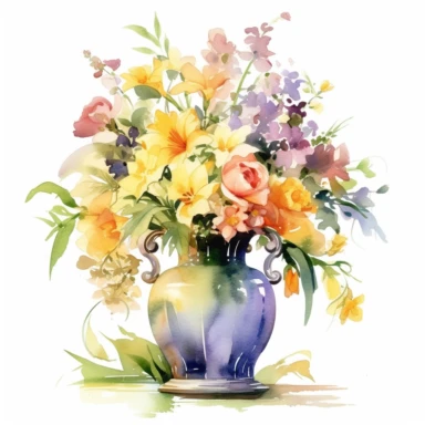 clipart vase of flower, the vase is made of clear glass, inside the vase there should be spray roses in full bloom , calla, dahlia, baby's breath, bells of ireland, larkspur, orchid, with eucalyptus leaves, add magical elements and shadows at the bottom, watercolour, high quality, HD,