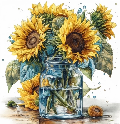 CREATE A MAGNIFICENT AND EXQUISITE BREATHTAKING HIGH QUALITY HIGHLY DETAILED WATERCOLOR CLIPART ILLUSTRATION OF STUNNING watercolor painting of sunflowers in a glass vase, in the style of realistic watercolor paintings, dye-transfer, adrianus eversen, dark cyan and gray, water drops, konica auto s3, charming illustrations