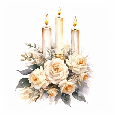 watercolor, white background, clipart, watercolor, white background, ultra-realistic and hyper-detailed clipart beautiful candle arrangement white roses, white and rich gold hues