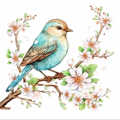 one watercolor clipart bird on a white background, in the style of cherry blossoms, light emerald and light brown, made of paperclips, pointillist florals, whimsical animation, colorful gardens, vintage charm, no watermark, text, words, paintbrush, 300 DPI , typography, the images do not stick together, no text in the picture