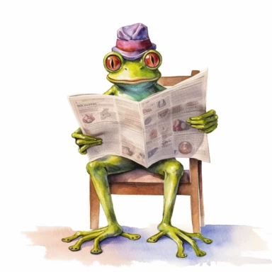 Create a watercolor illustration clipart of a playful cute Frog Reading a newspaper with glasses, with its full body visible. Use soft, flowing brushstrokes and a warm, inviting color palette to create an image that is both charming and whimsical. Incorporate intricate details like the motion of the Frog Reading a newspaper with glasses to create a lifelike, realistic image. Can add other elements to the illustration like related item to play to create playful scene. Use white background to allo
