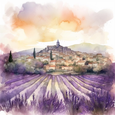 Lavender Fields in the Provence while sunset with a old city in the background, watercolor clipart, in the style of charming illustrations, meticulous design, painted illustrations, ferrania p30, multilayered realism, sharp details, rich details, free brushwork, using a palette of pastel shades, isolated white background