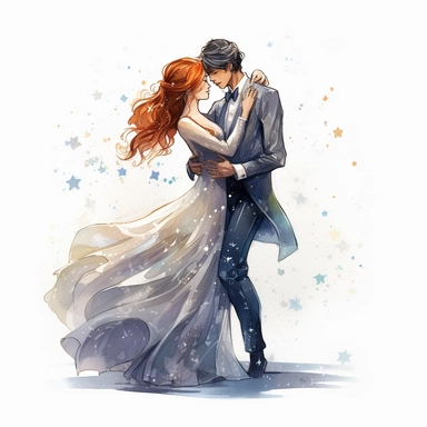 watercolor, hyper realistic, white background, white margins, 16k, ultra detailed clipart, cut out image, hand-drawn, whimsical manhwa style, ultra HD, sharp and clean art a groom and bride gracefully waltzing on a starlit dance floor, their elegant attire flowing as they move.