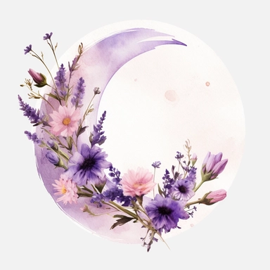 with white background, art Watercolor, rustic Watercolor Lavender and Wildflowers Crescent floral clipart, hd, high detailed, lavender bold purple, playful color, colorful, delicate petals, pastel, muted, soft, subtle, romantic, dreamy, ultra details, high resulution, dynamic lighting, rendering, photo realistic, lightroom gallery, cinematic lighting