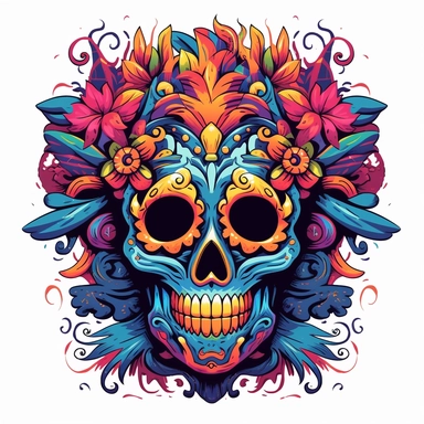 isolated flat clipart on a white background of a spooky day of dead themed voodoo mask tshirt design graphic, in the style of daniel f. gerhartz, transcendent, nikon d850, art of burma, captures the essence of nature, in the style of organic forms and patterns, expansive skies, hyper-detailed illustrations, i can't believe how beautiful this is, lively colors
