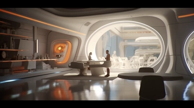 movie clip scene cool mid day of summer, parametric honeycomb minimalist modern shimmering lights and shadows over living room studio library and kitchen open concept photographic high definition render, cold blinding shinny white fall light god rays shadows shimmering closeup detail concept art detailed painting with giant spaceship window of a cool industrial living quarters spaceship , huge over window with gorgeous galactic view, happy blade runner android, cool airvehicle cockpit, living be