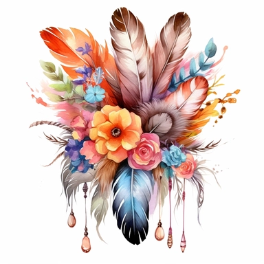 Create a mesmerizing composition of boho flowers and delicate feathers in a watercolor style. The vibrant colors and intricate details of the floral clipart bouquets and feathers come together to form a captivating artwork. Let the bohemian spirit of nature and freedom inspire this enchanting design.