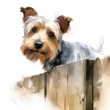 close up high detailed, Hand drawn watercolor clipart of a cute Yorkshire Terrier at a horse stable on a white background