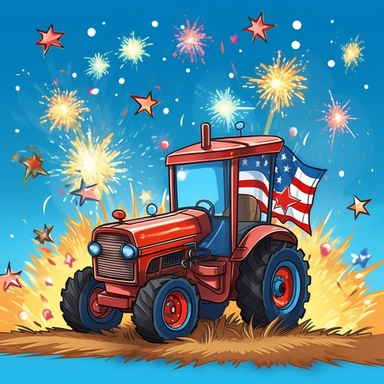 Super cute, American flag with tractor and firework Sublimation Clipart, Cartoon funny, Cute anime, Very detailed, blue sky colorful background