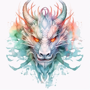 Watercolor Clipart of the front face of an eastern style dragon, white background, detailed, 8k, high resolution