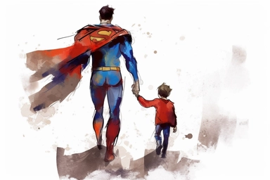 back side of cartoonic superman with a little boy vector art, watercolor art, clipart, father day greeting
