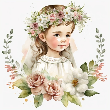 First Communion Clipart watercolor for girl, fully body, for her First Communion, tiara on her head, flowers in her hand, smiling, blushing, White PNG background