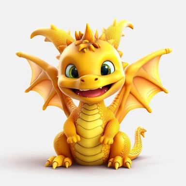 cute baby dragon with wings, yellow, clipart, 3D, toy, pure white background