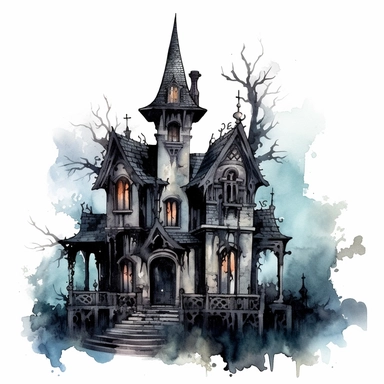 isolated clipart image of a spooky gothic house with intricate architectural details, twisted spires, and looming shadows, each house unique in its design, showcasing different elements like pointed windows, wrought-iron gates, and weathered stone walls, surrounded by a foggy atmosphere that adds a sense of mystery and intrigue, watercolor painting, delicate brushstrokes capturing the eerie charm,