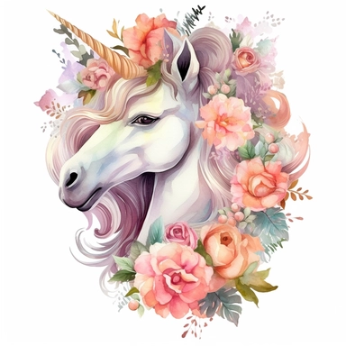 Watercolor Floral Unicorn, peony flowers, roses, Pastel colors, Fantasy, royal, elegance, whimsy, magical, on white background Sublimation Clipart,hyper realistic, intricate detail, illustration style,high solution,on the white background