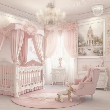 panoramic view, full view, beautiful elegant royal baby girl nursery room drawing painting, frilly, romantic, fantasy, ethereal, light pink and white colors, beautiful crib with beautiful full flowing canopy, beautiful bling crystal chandelier, soft pink teddy bear, beautiful large Victorian style window with beautiful pink flowing drapes, faux fur rug, sharp focus, high detail, 8k, illustration clipart style, transparent background