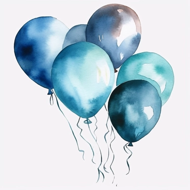 watercolor birthday balloon, blue, clipart, blank white background