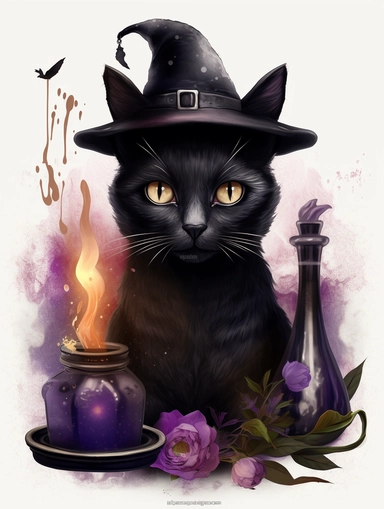 hyper realisticFamiliar: Create a clipart of a familiar, which is a witch's animal companion. You can draw a black stunning cat, with a gothic twist, wearing which clothes and havjng only cat head watercolor illustration, color palette Violet, eggplant,diesel,dusty gray,cannon pink, tamarind,mulled wine,charade ,realistic,symmetry,png high quality watercolor painting, paint spots, paint splashes, liquid paint, ink, various brushes white background