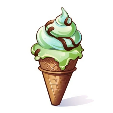 Create a clipart of a mint chocolate ice cream cone with a perfect swirl on top, garnished with bits of chocolate. The cone should be slightly tilted and the entire image should be on a white background. Add shadows to give a 3-dimensional effect. The colors should be pastel to invoke a calming and refreshing feeling. Make the chocolate bits easily distinguishable and placed evenly. Overall, the clipart should look delicious and mouth-watering, inviting viewers to indulge in a sweet treat.