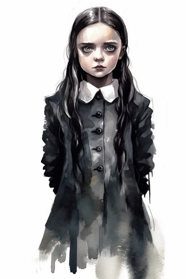 Wednesday Adams fan art, cute, logo style, clipart isolated on a white background, Digital watercolor