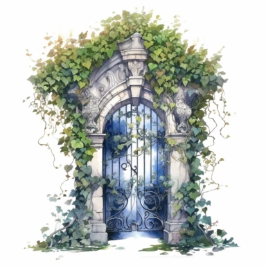 watercolor, hyper realistic, white background, white margins, 16k, ultra detailed clipart, cut out image, hand-drawn, whimsical manhwa style, ultra HD, sharp and clean art a secret garden gate, adorned with climbing vines and a wrought-iron lock.
