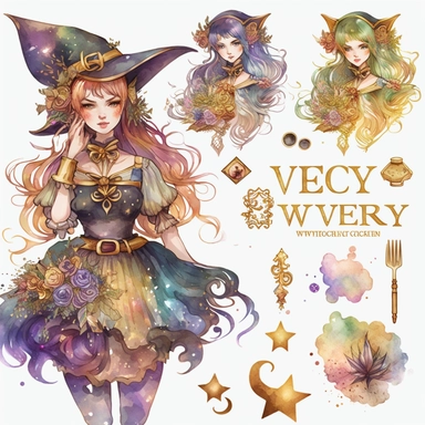 watercolor set of witchy golden Key, watercolor clipart, isolated elements, in the style of the stars art group (xing xing), tanya shatseva, artgerm, Victor Nizovtsev, Josephine Wall, pastel colors scheme, charming character illustrations, cute cartoon, beautiful facial features, detailed costumes, lovely, uhd image, transparent/translucent medium, bloomcore, matte painting, white background, Nita Engle, Anne Kullberg, Yee Chong, Larissa Ria Loomans –seed 3485400104
